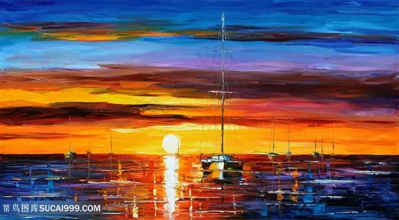 黄昏海洋美景水彩油画