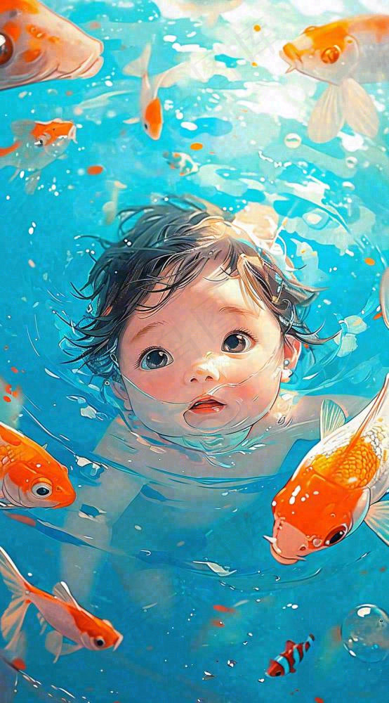 夏天泳池金鱼孩子婴儿游泳游玩