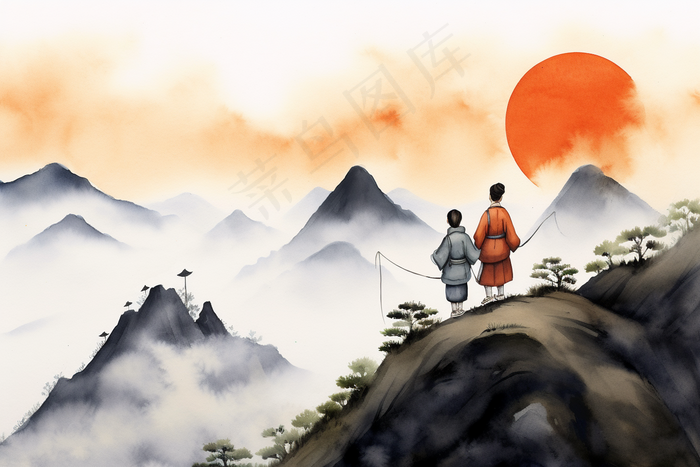 中国风山水水墨画重阳素材背景(x)