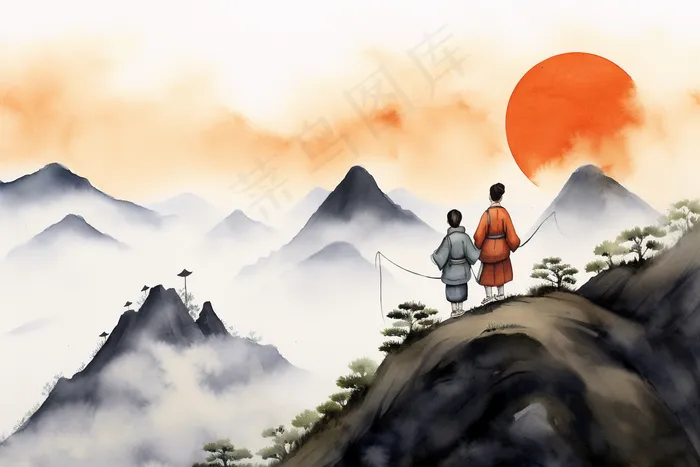 中国风山水水墨画重阳素材背景(x)