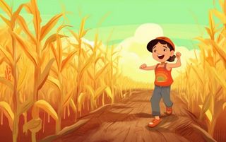 秋季丰收儿童农田小麦玉米插画背景