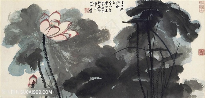 张大千手绘水墨莲花装饰画