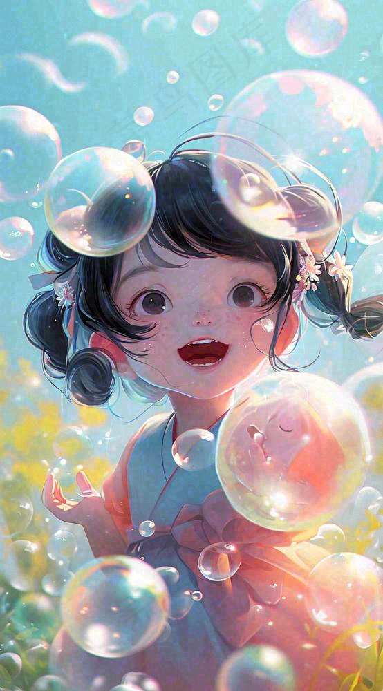 春天夏天女孩草地玩耍，阳光白云气泡可爱插画(816x1472)