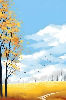 秋天清新天空树林插画黄色背景