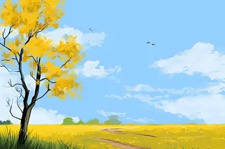 秋天清新天空树林插画黄色背景