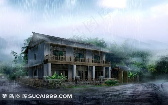 未来中国雨中古式建筑效果图