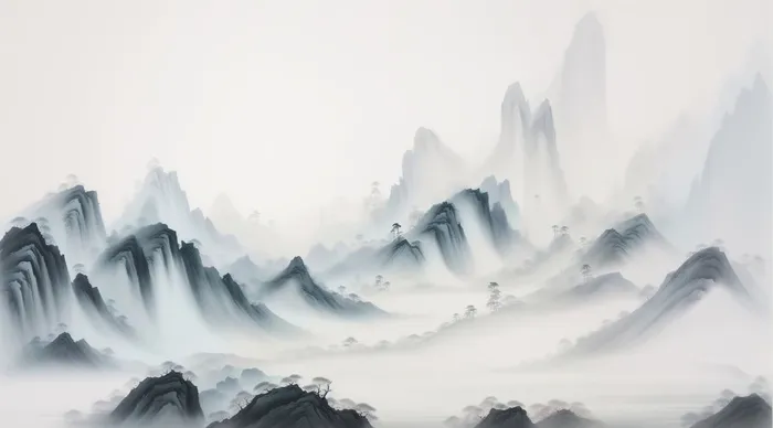 大气写意中国传统水墨画山水插画壁纸-路