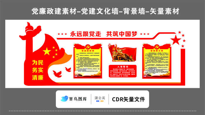 党建文化墙党建素材CDR预览图红色永远跟党走共筑中国梦党员的权利