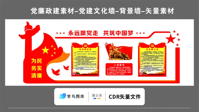 党建文化墙党建素材CDR预览图红色永远跟党走共筑中国梦党员的权利cdr矢量模版下载