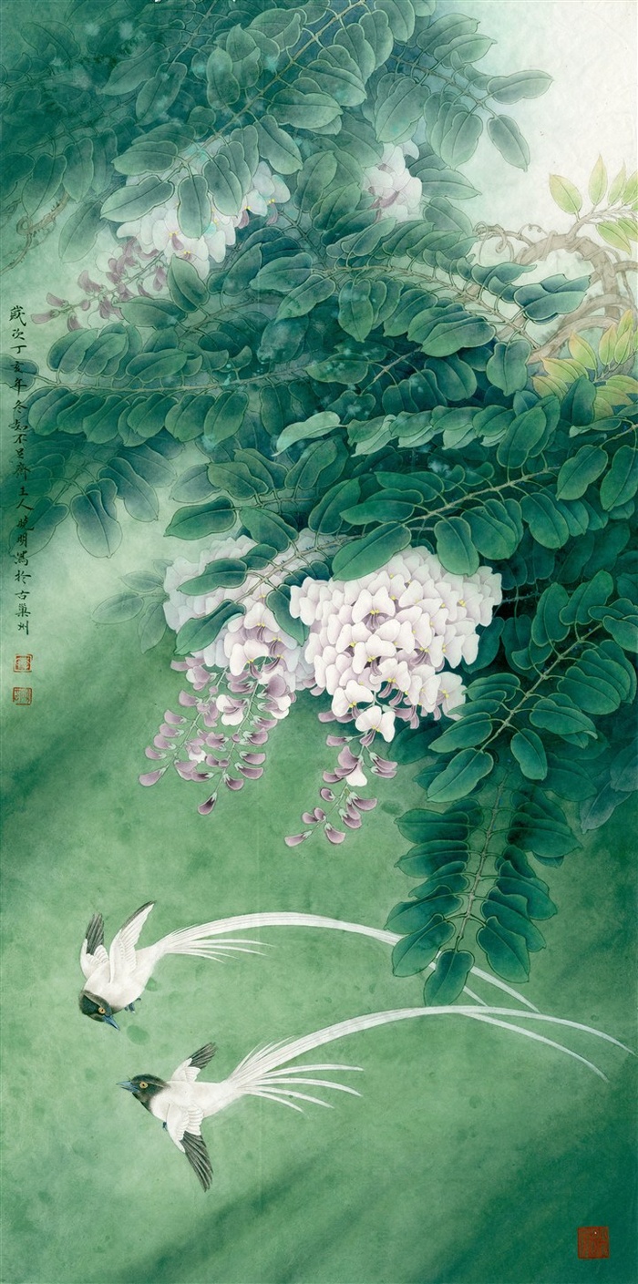 紫藤绶带花鸟国画