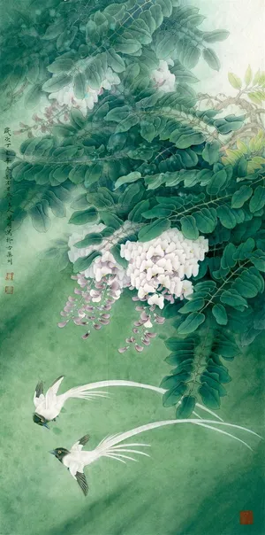 紫藤绶带花鸟国画