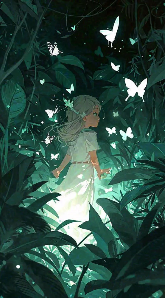 森林丛林夜晚女孩玩耍手绘插画，蝴蝶可爱(816x1472)