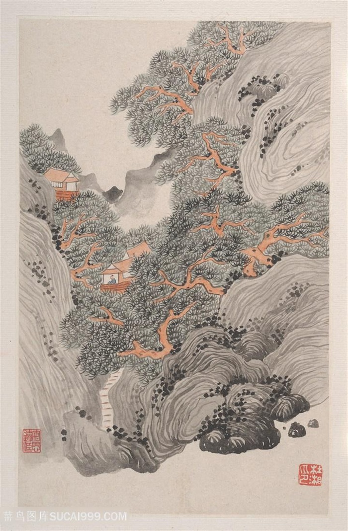 清代杜湘山水册页闲亭松山国画图片