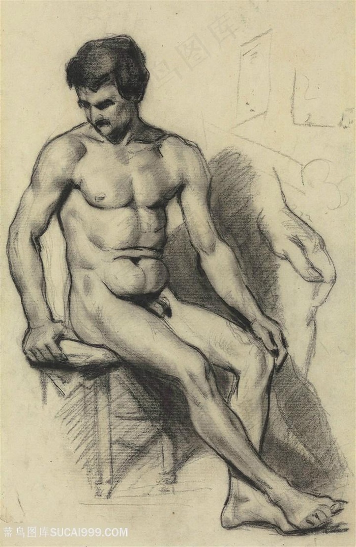 塞尚手绘素描男士裸体装饰画