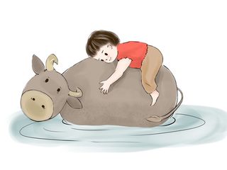 清明清明节卡通牧童骑牛过河