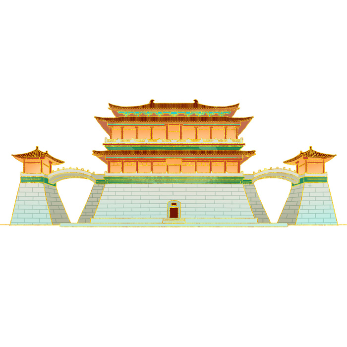复古中国风国潮古建筑插画手绘高楼古塔PSD素材亭子png免抠图