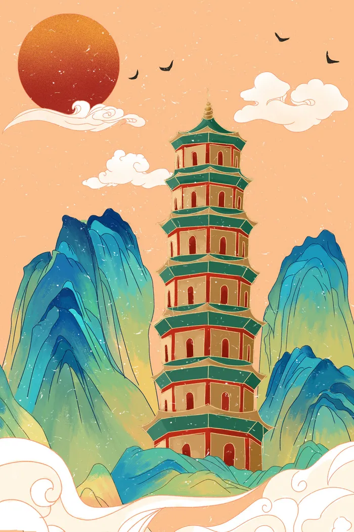 中国风国潮古建筑地标城市古风建筑阁楼印象地标手绘插画PSD素材psd模版下载