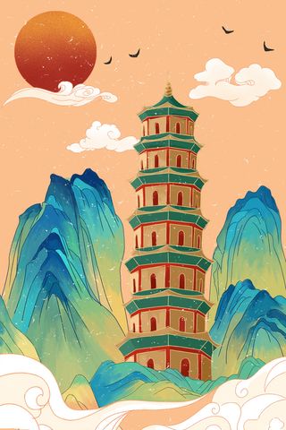 中国风国潮古建筑地标城市古风建筑阁楼印象地标手绘插画PSD素材