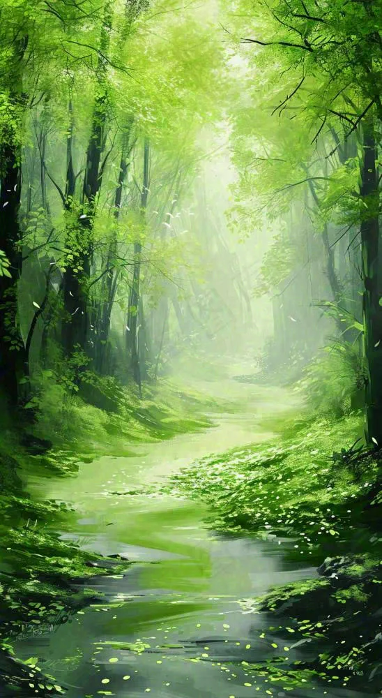 春天绿树成荫的树林里面小溪溪水飘着树叶(816x1488)