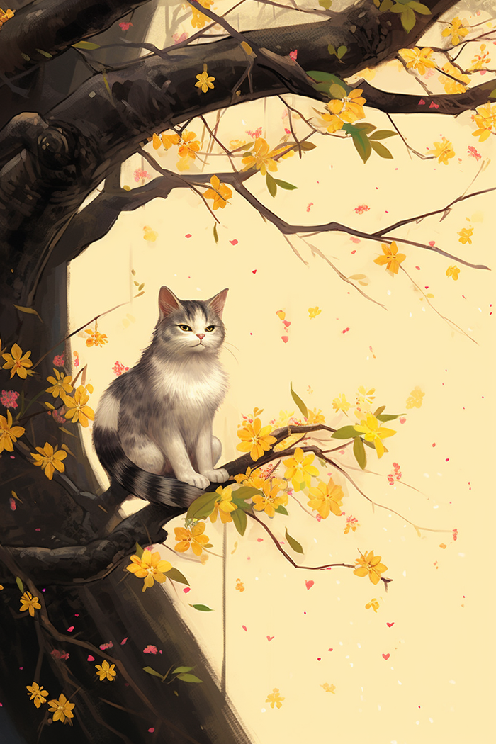 猫咪爬到树上玩耍树枝开出黄色花朵卡通插画素材(x)