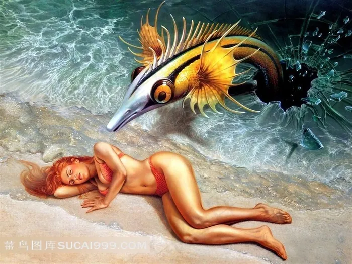 性感内衣美女与水怪插画素材