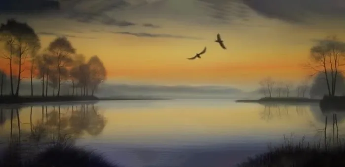 夕阳湖面倒影风光背景(1584x768)