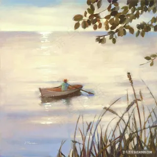 树枝湖畔木舟油画风景画
