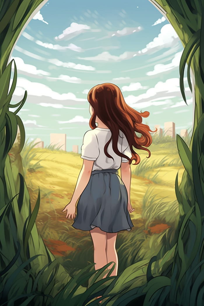 少女在绿叶藤蔓围绕的草丛里卡通插画素材(x)