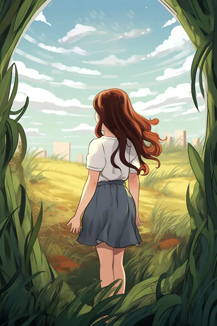 少女在绿叶藤蔓围绕的草丛里卡通插画素材(x)