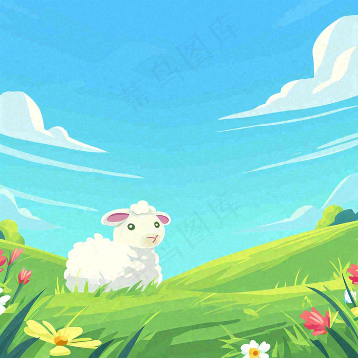 春天清新蓝天白云草地绵羊花朵扁平插画手绘