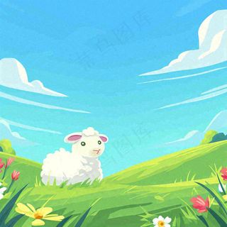 春天清新蓝天白云草地绵羊花朵扁平插画手绘