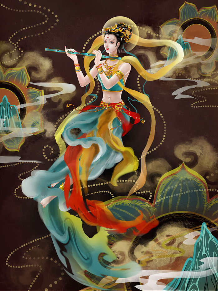 复古中国风国潮神话人物敦煌插画仙女手绘海报背景PSD设计素材