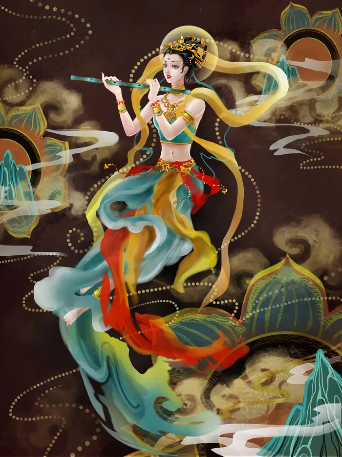复古中国风国潮神话人物敦煌插画仙女手绘海报背景PSD设计素材psd模版下载