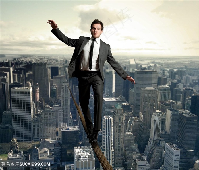 商务人士走绳索的高清图片