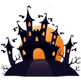 万圣节城堡枯树蝙蝠恐怖插画免抠