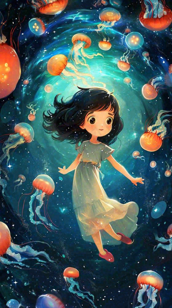 炫酷浪漫海洋海底水底可爱女孩手绘插画，鱼类水母生物