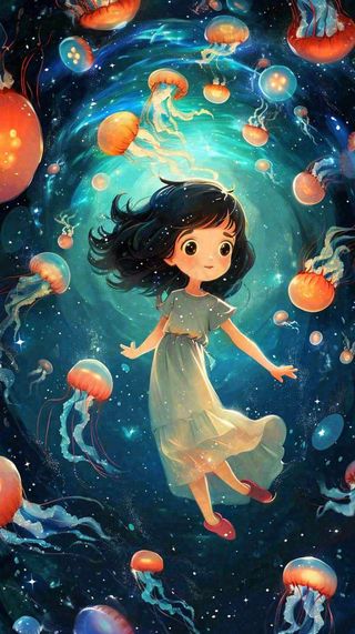 炫酷浪漫海洋海底水底可爱女孩手绘插画，鱼类水母生物