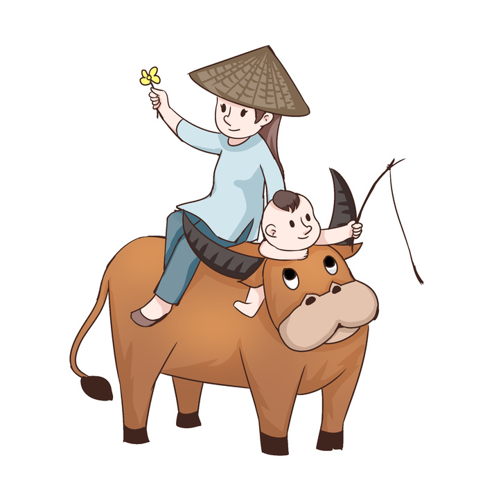 清明清明节卡通女人带着小孩骑在牛背上