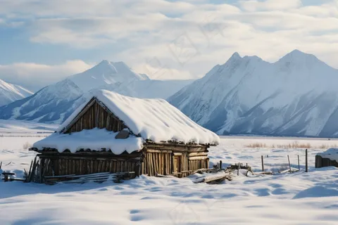 雪山高原山脚下的木屋摄影图