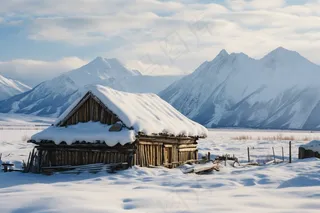 雪山高原山脚下的木屋摄影图