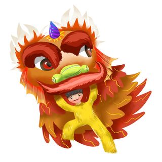 新年春节虎年元宵手绘人物舞狮卡通狮子头插画元素PSD设计素材