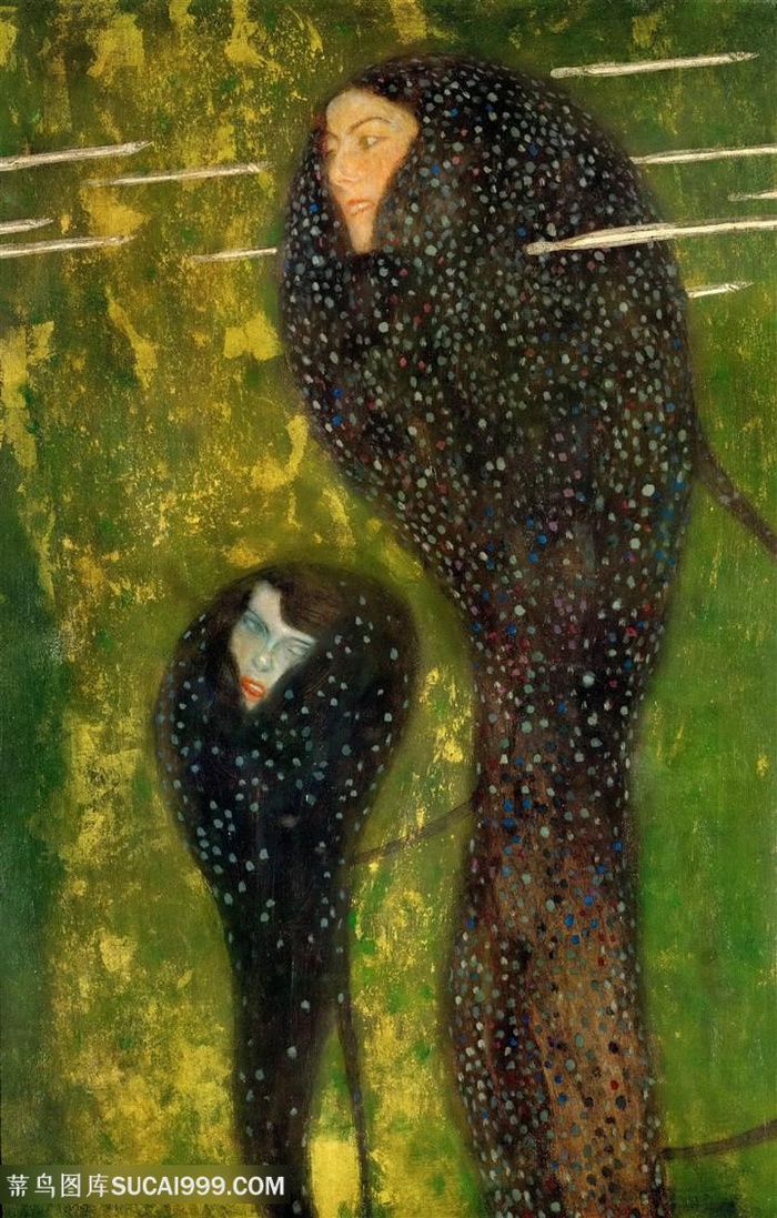 克里姆特油画美女艺术绿色背景装饰画