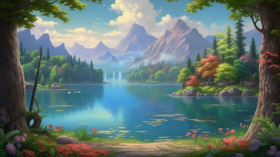 森林山林湖泊风景素材插画 森林山林湖泊风景素材插画