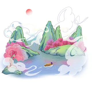 中国风国潮山水插画祥云中式手绘烫金线条元素png装饰背景PSD素材