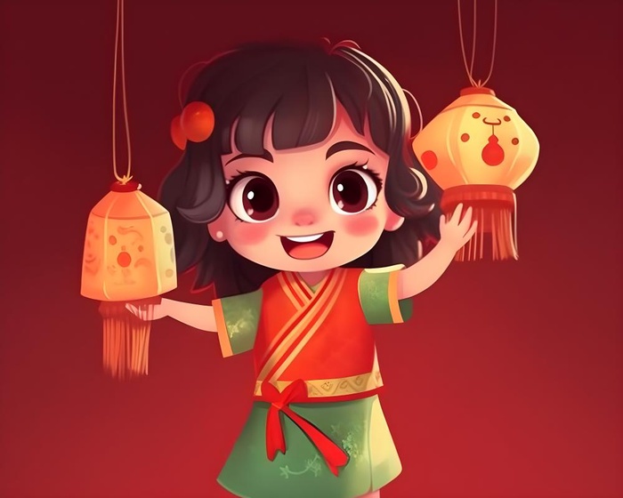红色女孩灯笼祈福节日素材背景