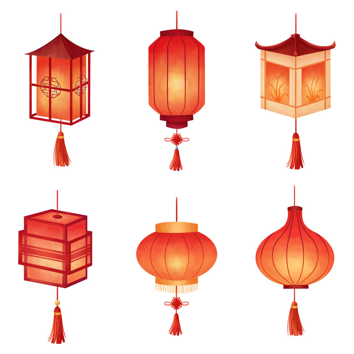 中秋节红色喜庆灯笼套图插画素材
