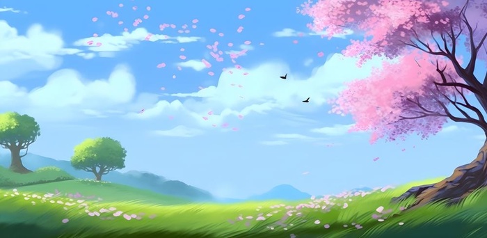 春天蓝天白云草原绿色树草地手绘插画海报素材背景(6272x3072)