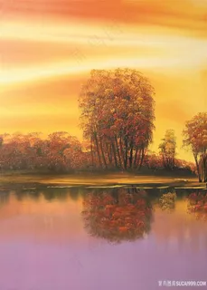 黄昏湖畔美景风景画