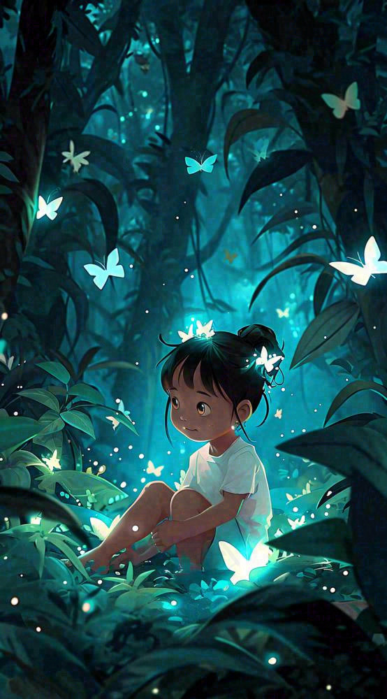 森林意境儿童少女灯光蝴蝶手绘插画，丛林树木(816x1472)