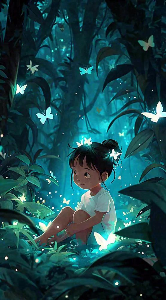 森林意境儿童少女灯光蝴蝶手绘插画，丛林树木(816x1472)